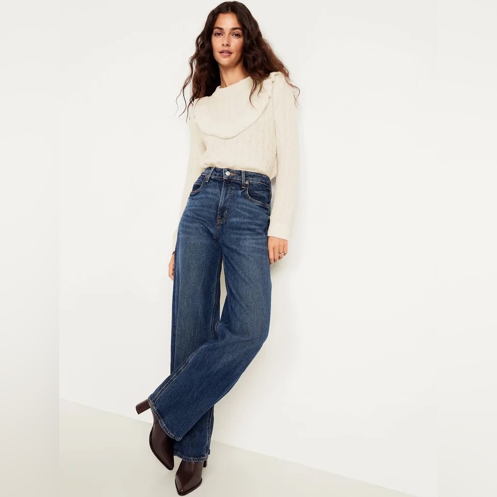 Old Navy Wool-Blend Cropped Ruffle Sweater in a cream/wishbone‎ color.